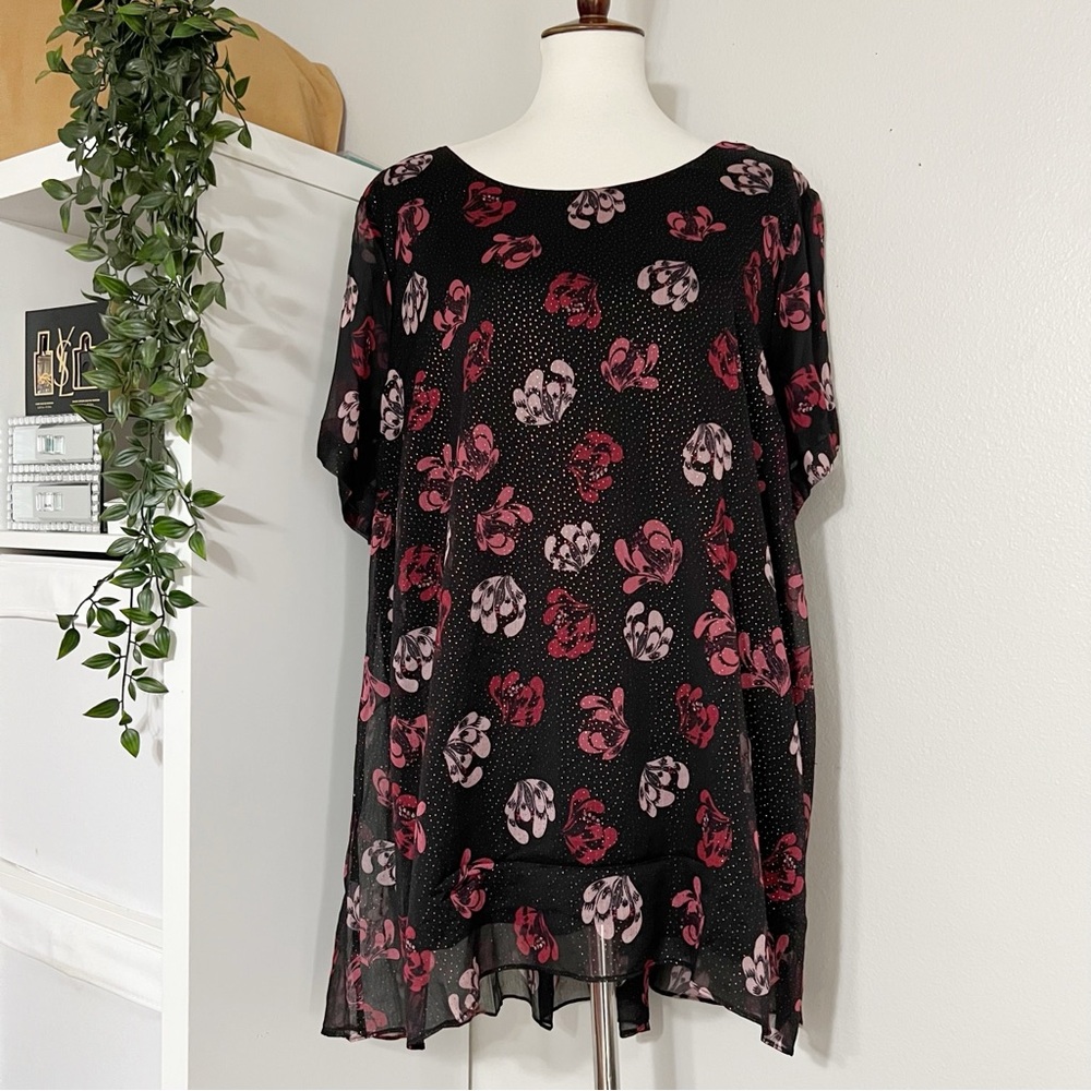 Vince Camuto Sheer Black Pink Floral Tunic Blouse Sparkle Dots Short Sleeve